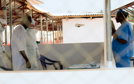 A possible ebola patient at intake at the International Medical Corps Treatment Center in Lunsar Sierra Leone Feb 2015