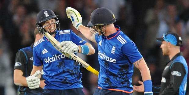 Joe Root left celebrates with Ben Stokes after England beat New Zealand by seven wickets in the 4th ODI