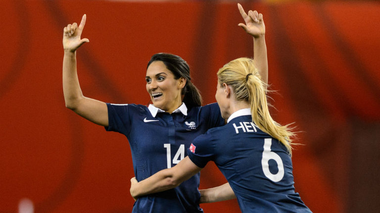 Louisa Necib celebrates the opening goal of the game for France