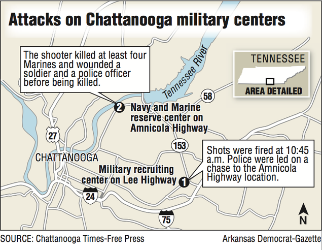 A map showing the attacks on Chattanooga military centers