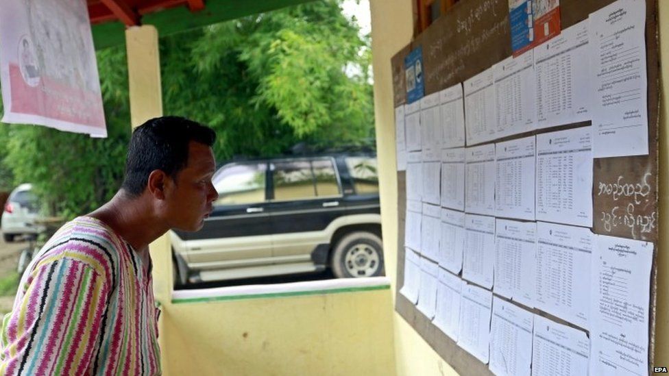 A man checks the voters list at the Wahtheinkha village in Kawmhu township Yangon Myanmar