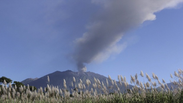 Ash and smoke are emitted from the volcano Mount Raung seen from the village of Sumber Arum in East Java province Indonesia on July 4