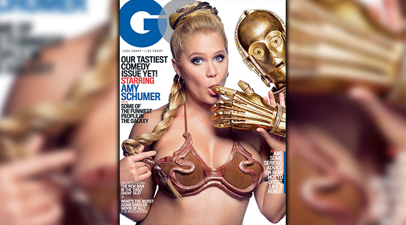 The cover of the new issue of GQ features Amy Schumer dressed as Princess Leia in a'Return of the Jedi bikini top sucking on C-3PO's finger. A