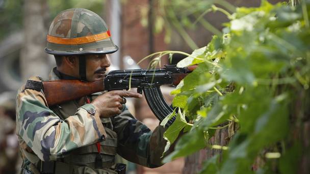 An Indian army soldier during a fight in the town of Dinanagar in the northern state of Punjab India