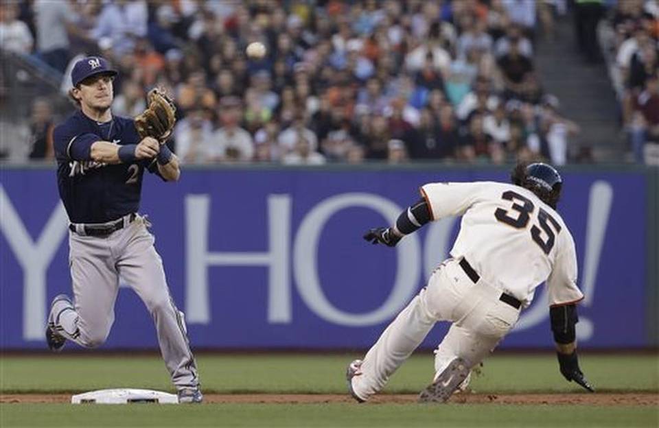 Milwaukee Brewers second baseman Scooter Gennett throws to first base after forcing out San Francisco Giants&#39 Brandon Crawford at second base on a double play ball hit by Ehire Adrianza during the third inning of a baseball game in San Franci