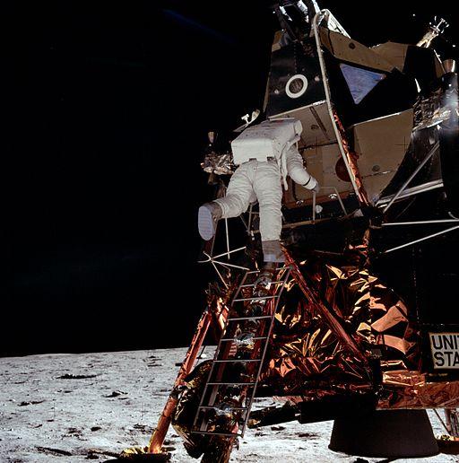 Apollo 11 astronaut Edwin E. Aldrin Jr. leaves the Lunar Module Eagle to take his first steps as the second man on the moon