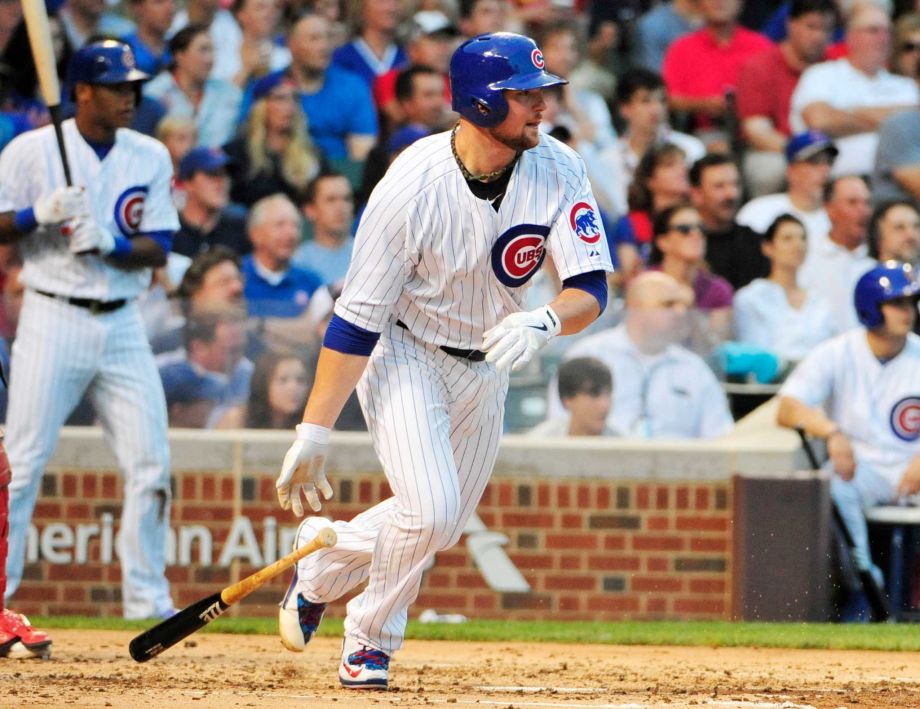 Chicago Cubs Jon Lester gets his first MLB base hit against the St. Louis Cardinals during the second inning of a baseball game Monday