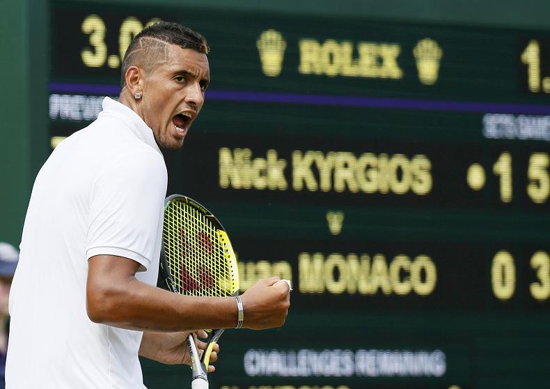 Nick Kyrgios of Australia reacts during his match against Juan Monaco of Argentina at the Wimbledon Tennis Championships in London. – Reuters pic July 1