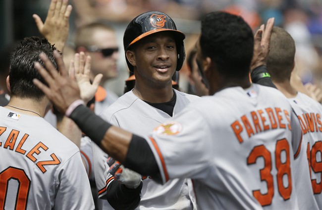 Baltimore Orioles Jonathan Schoop center celebrates his three-run home run with teammate Jimmy Paredes during the fourth inning of a baseball game against the Detroit Tigers Sunday