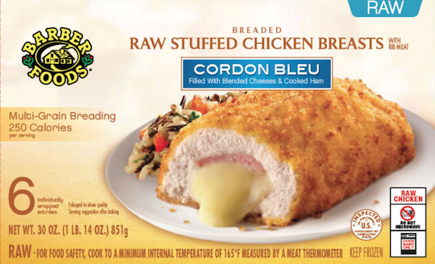 Barber Foods Chicken Cordon Bleu and other varieties of frozen stuffed raw chicken are being recalled.               USDA