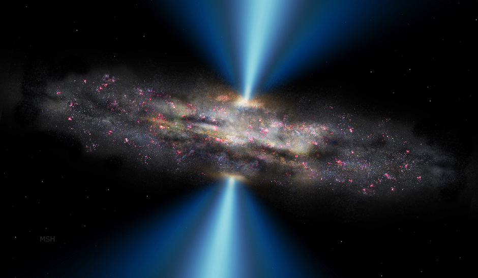 In this illustration a black hole emits part of the accreted matter in the form of energetic radiation, without slowing down star formation within the host galaxy. Image credit M. Helfenbein Yale University  OPAC