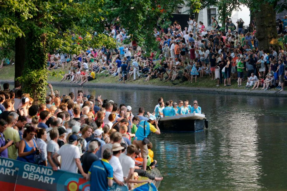 Astana Pro cycling team with 2014 tour de France winner Italy's Vincenzo Nibali arrives by boat for the team presentation in Utrecht Netherlands Thursday