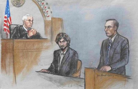 A courtroom sketch showed Boston Marathon bomber Dzhokhar Tsarnaev seated as transit police Sergeant Richard'Dic Donohue gave testimony