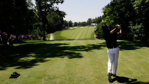 Brian Harman tees off on the first hole during the final round of the John Deere Classic held at TPC Deere Run