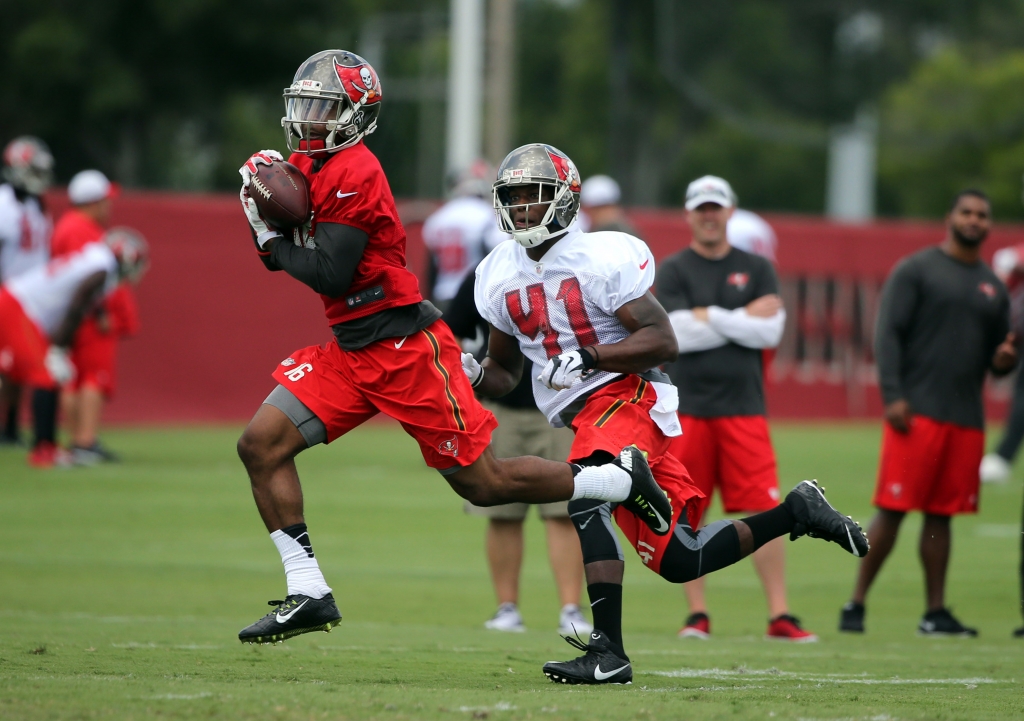 Jun 4 2015 Tampa FL USA Tampa Bay Buccaneers wide reciver Rannell Hall catches the ball as cornerback C.J. Wilson attempts to defend during work outs at One Buc Place. Mandatory Credit Kim Klement-USA TODAY Sports