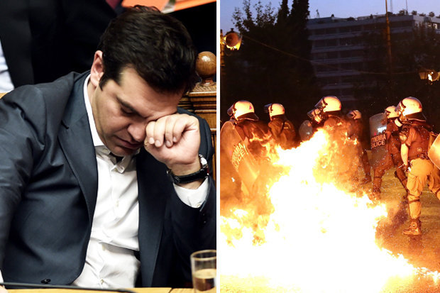 Alexis Tsipras and riot police