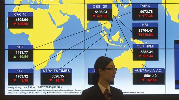 A panel displaying stock indexes of Asian markets at Hong Kong Exchanges