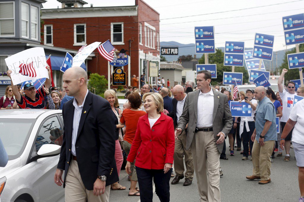 Former United States Secretary of State and Democratic candidate for president Hillary Clinton walks in the Fourth of July Parade in Gorham New Hampshire