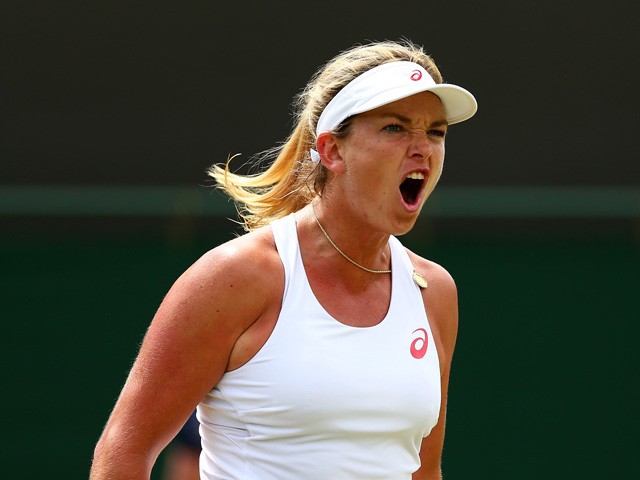 Coco Vandeweghe of the United States reacts in her Ladies Singles Fourth Round match against Lucie Safarova of Czech Republic during day seven of the Wimbledon Lawn Tennis Championships at the All England Lawn Tennis and Croquet Club