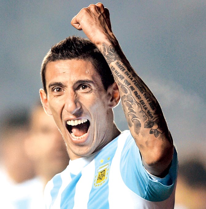 Argentina's forward Angel Di Maria celebrates a goal during the Copa America semi-final tie against Paraguay on Tuesday. Pic  AFP