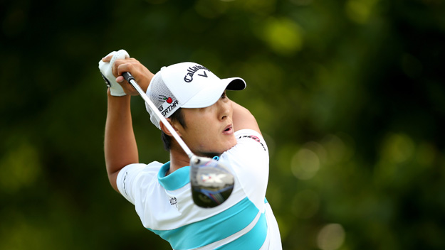 Danny Lee of New Zealand tees off on the 17th hole during the third round of the Greenbrier Classic