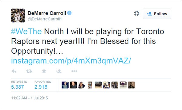 Former Hawks small forward DeMarre Caroll en route to Toronto Raptors