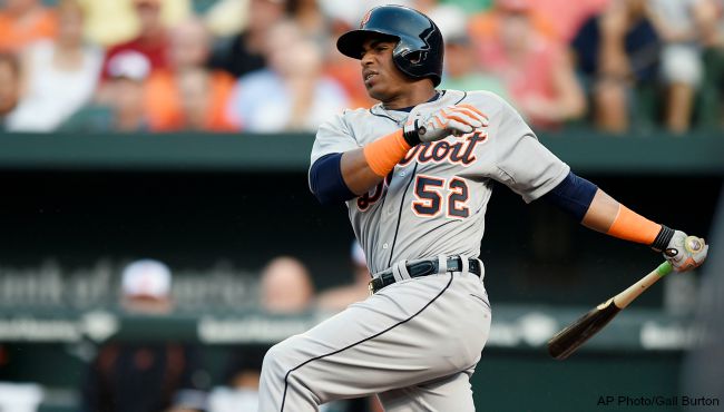 Detroit Tigers&#039 Yoenis Cespedes follows through on a single against the Baltimore Orioles in the first inning of a baseball game Thursday