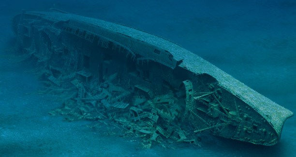 A painting of the decaying Andrea Doria circa 2005 with her superstructure gone and hull broken after 50 years of submersion in swift North Atlantic currents