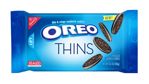 This product image provided by Mondelez shows the packaging design for'Oreo Thins. Mondelez International Inc. says it will add'Oreo Thins' which have a similar cookie-to-filling ratio as regular Oreos except that they're slimmer to its permane