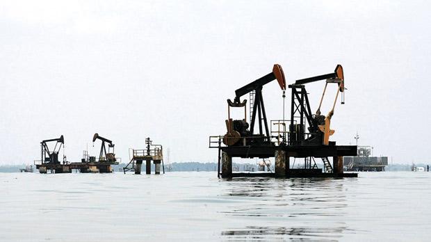 Oil pumps are seen in Lake Maracaibo in the state of Zulia Venezuela