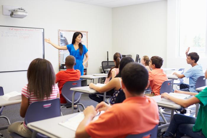 A teacher giving a lesson to a class of pupils