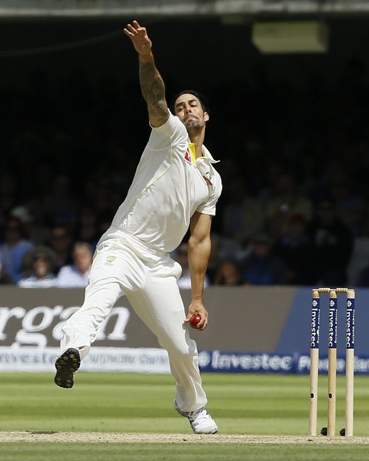 Australia's Mitchell Johnson bowls on the third day of the second Ashes Test match between England and Australia at Lord's cricket ground in London Saturday