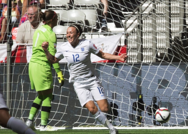 England's Lucy Bronze celebrates her goal past Canada goalkeeper Erin McLeod