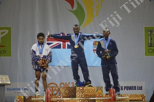 Manueli Tulo with his gold medals at the Pacific Games in Port Moresby Papua new Guinea yesterday