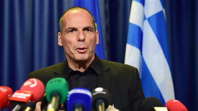 Greek Finance Minister Yanis Varoufakis gives a press conference during a Eurogroup meeting at the EU headquarters in Brussels Belgium