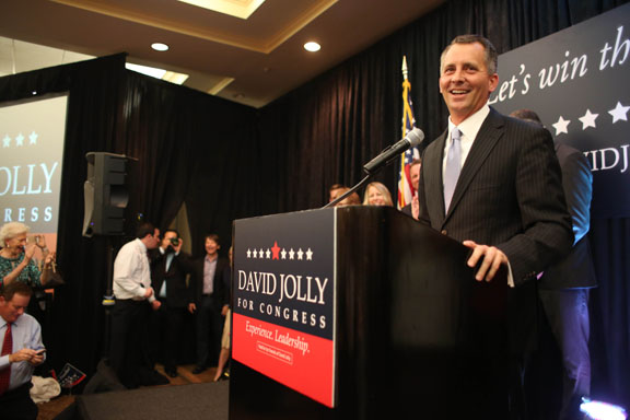 U.S. Rep. David Jolly celebrates winning a special election for Congress at the Sheraton Sand Key Resort in Clearwater Beach