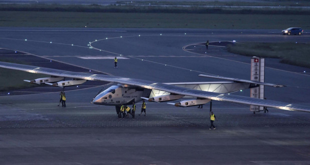 2015 shows the sun-powered Solar Impulse 2 plane at Nagoya airport in central Japan.==Kyodo