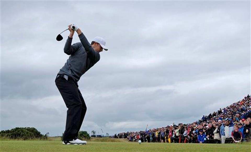 United States’ Jordan Spieth plays from the fifth tee during the third round at the British Open Golf Championship at the Old Course St. Andrews Scotland Sunday