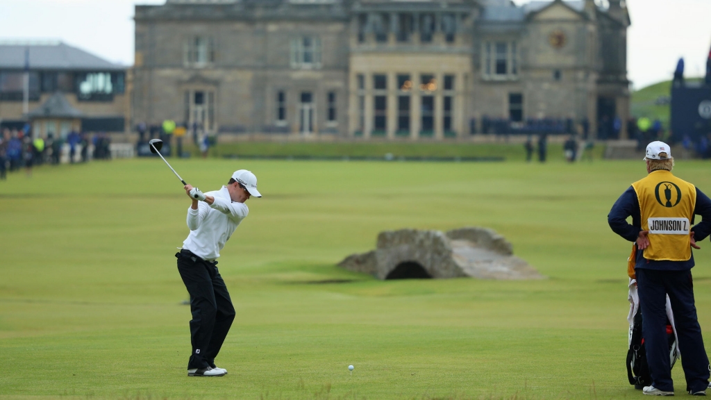 Zach Johnson won the 144th Open Championship at The Old Course in St Andrews Scotland Monday. He's seen here teeing off on the 18th hole in the playoff round