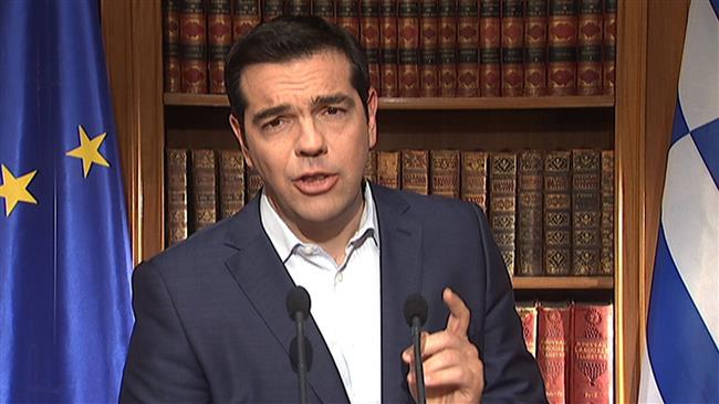 The TV grab shows Greek Prime Minister Alexis Tsipras addressing the nation in Athens