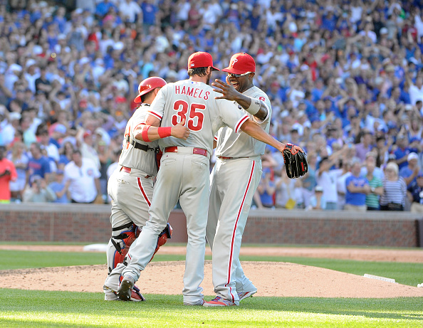 Wrigley Field in Chicago Illinois. Cole Hamels #35 of the Philadelphia Phillies pitched a no hitter. The Phillies won 5-0