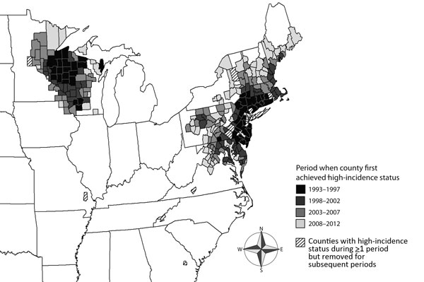 United States counties with high incidence of Lyme disease by the period when they first met the designated high-incidence criteria 1993–2012. High-incidence counties were defined as those within a spatial cluster of elevated incidence and those with