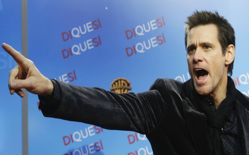 Hollywood comedian Jim Carrey is seen pointing at something in this