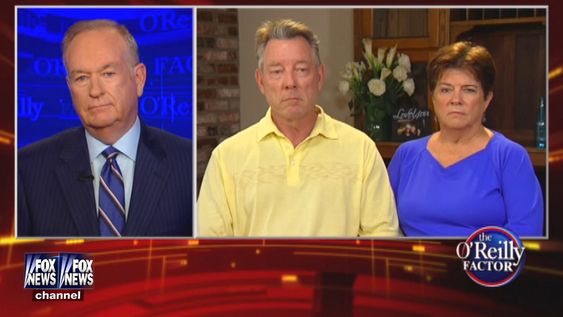 Fox News Channel shows host Bill O'Reilly speaking with James Steinle and Elizabeth Sullivan parents of Kathryn Steinle during an interview by satellite for'The O'Reilly Factor on Monday