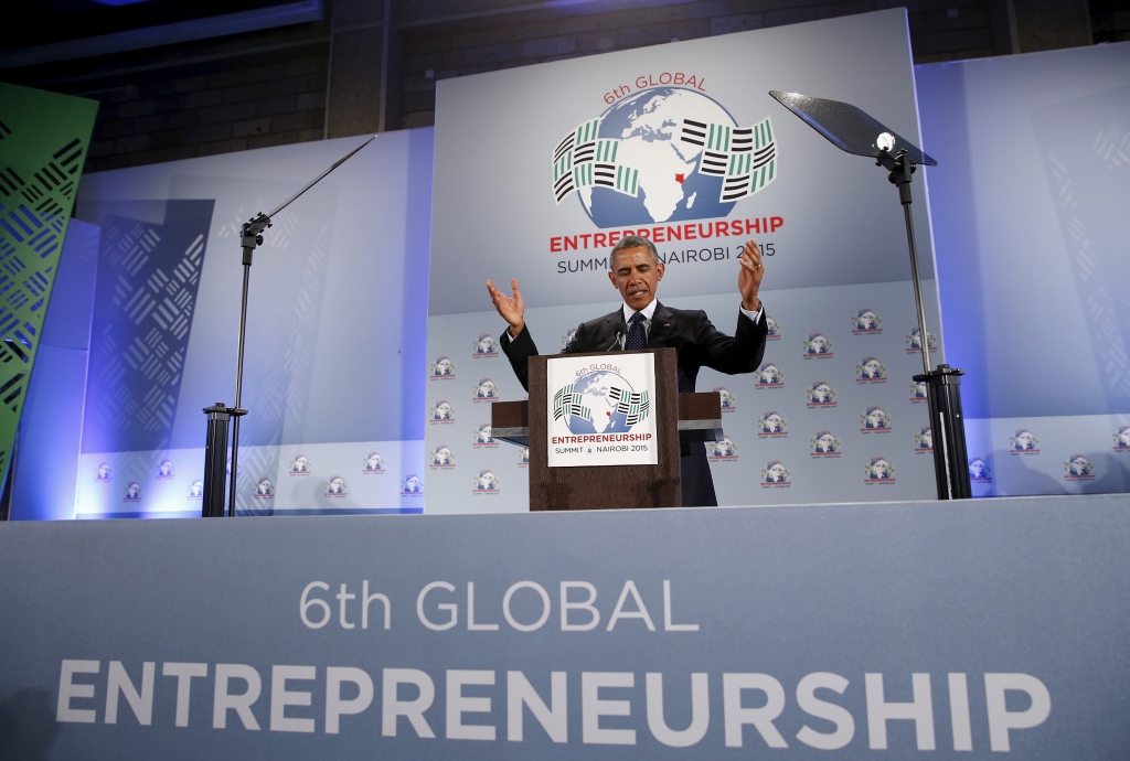 President Barack Obama delivers remarks at the Global Entrepreneurship Summit at the United Nations compound in Nairobi