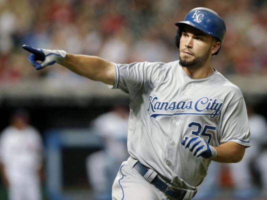 Kansas City Royals Eric Hosmer points to the