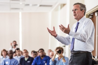 Jeb Bush answers questions from employees of Nephron Pharmaceutical Company in South Carolina in June