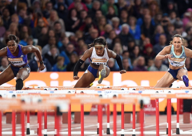 Great Britain's Tiffany Porter, Cindy Ofili and Jessica Ennis Hill in the Women's 100m Final during day one of the Sainsbury's Anniversary Games at The Stadium at Queen Elizabeth Olympic Park London