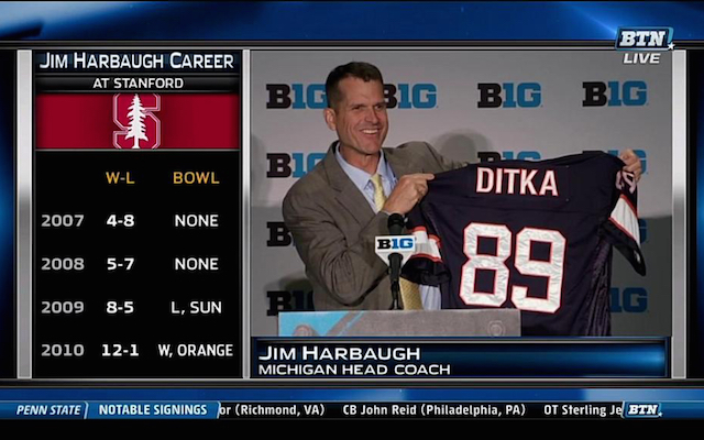 Jim Harbaugh shows off his Mike Ditka jersey in Chicago