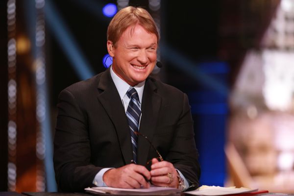 Jon Gruden is seen on the set during